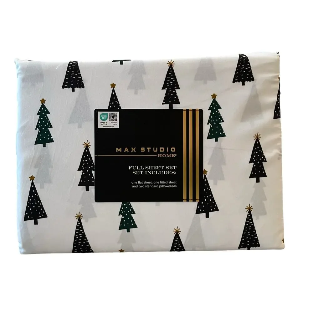 4pc Max Studio Block Christmas Tree Printed Sheet Set FULL Chic Holiday Bedding
